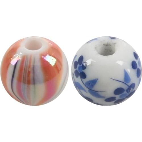 300Pcs Mixed Acrylic Ball Spacer Beads 8Mm & 30Pcs Flower Pattern Round Ceramic Beads 12Mm White+Blue