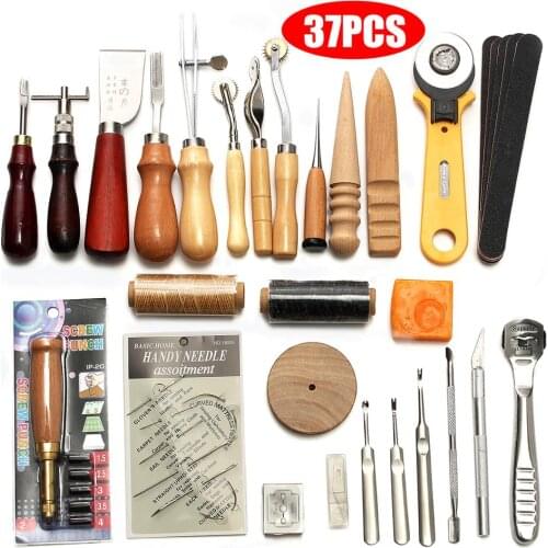 37Pcs Leather Craft Tool Kit Hand Sewing Stitching Punch Saddle Carving Work
