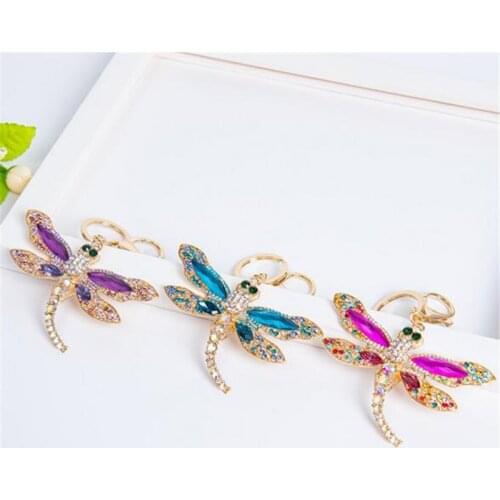Colorful Crystal Dragonfly Keychain Women Keyring Blingbling Rhinestone Pink Dragonfly Key Chain Ring