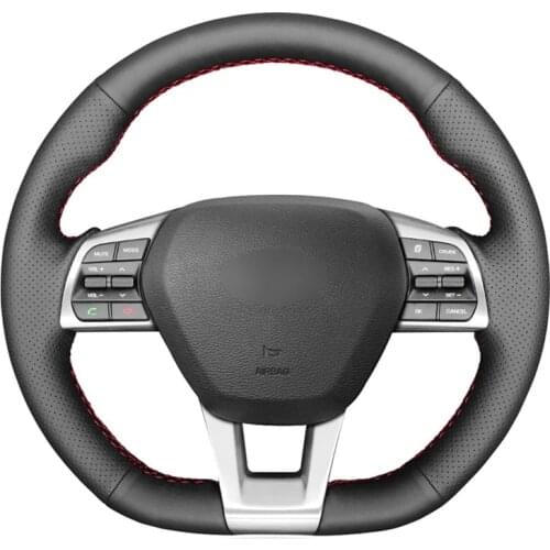 Black Artificial Leather Hand-stitched No-slip Car Steering Wheel Cover for Hyundai Sonata 9 2015 2016 2017 (3-Spoke)