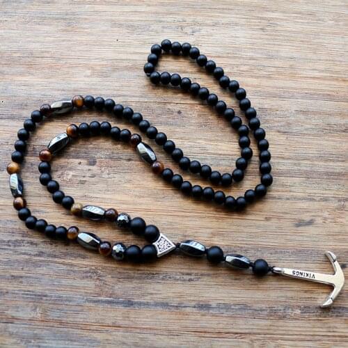 New Design Black Mens pendants Necklace 6MM stone bead with anchor charm pendant necklace Fashion Jewelry drop shipping