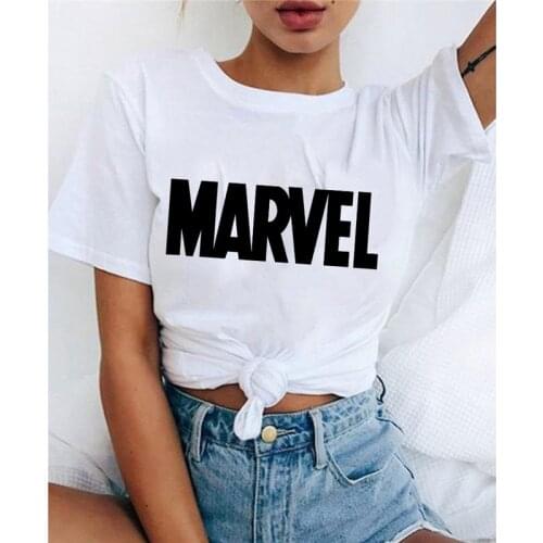 Summer Womens T-shirts MARVEL Series Aesthetic Hip Hop Short Sleeve White O-neck Tops Letters Printed Female T Shirt Casual Tee