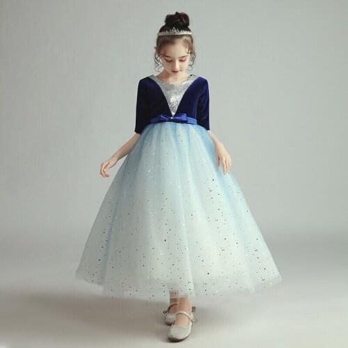 Flower Girl Dress Illusion Sequined O-Neck Half Princess Floor-Length Lace Tulle Luxury Blue Sashes Crystal Kids Party Gown H356
