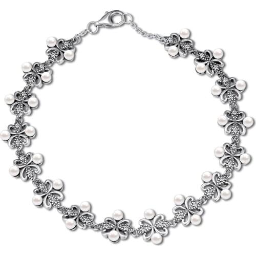 Lace Botanique Bracelets with Clear CZ and White Pear 100% 925 Sterling Silver Jewelry For Women Wholesales Free Shipping