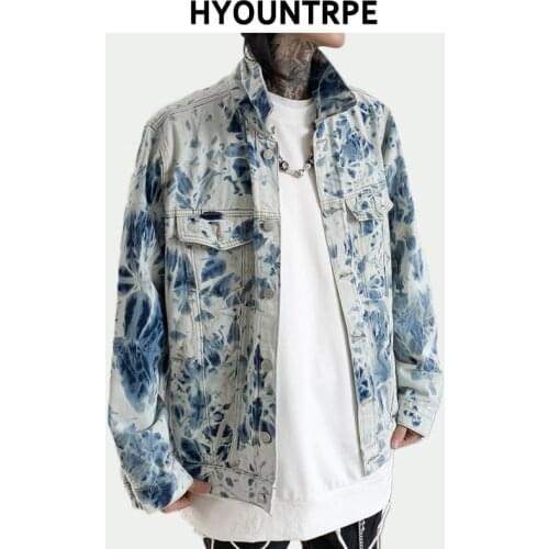 Fashion Tie Dyed Jeans Jackets Coat Men Casual Single Breasted Turn Down Collar Denim Streetwear New Hip Hop Outerwear Jacket