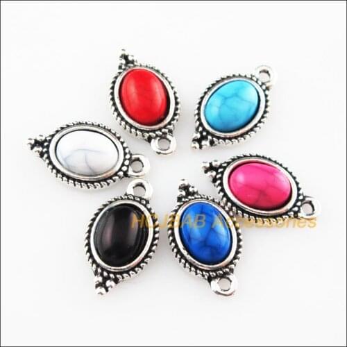 Fashion 18Pcs Tibetan Silver Color Oval Flower Mixed Stone Charms Pendant 9x16.5mm