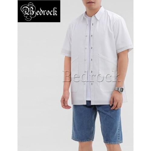 MBBCAR dark blue summer short shirt for men simplicity color contrast Ami khaki Lazy style shirt pockets Brand resin button 9171
