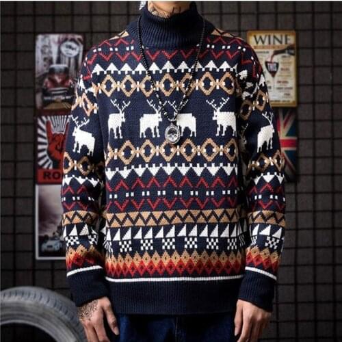 Mens Causal Half Turtleneck Sweater Deer Printed Autumn Spring Christmas Pullover Knitted Jumper Sweaters Slim Fit Male Clothes