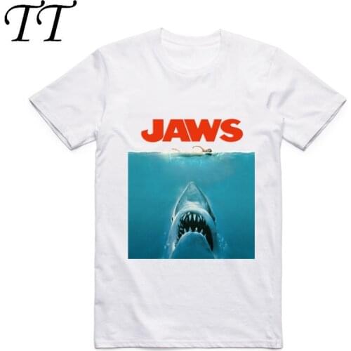 2019Fashion Men Print Jaws Movie Vintage Poster Funny T-shirt O-Neck Short Sleeves Summer Casual Homme Hipster Tops Tees T shirt