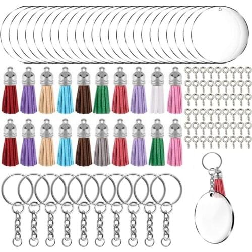 200 Pcs Acrylic Keychain Blanks Kit for DIY Projects Crafts with Key Rings Jump Rings Round Clear Discs Circles Colorful Tassel