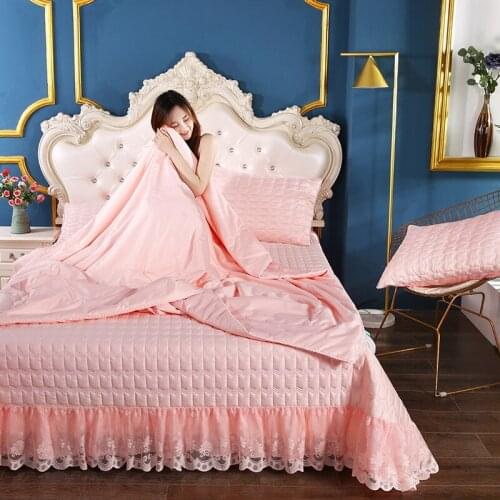 2020 new products Water washed silk quilting Bedspread Fitted Sheet Pillowcases 2/3pcs Pure color princess Lace Bedding