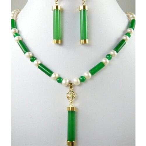 Charm green jade /purple -white pearl necklace + pendant earring set