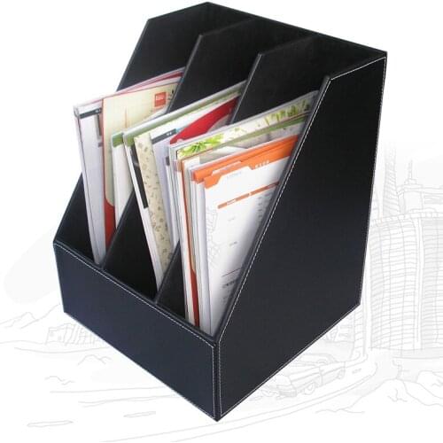 3-Slot PU Leather Desk File Holder Paper Tray Document Holder Cubbyhole Pigeonhole Organizer Rack Black A113
