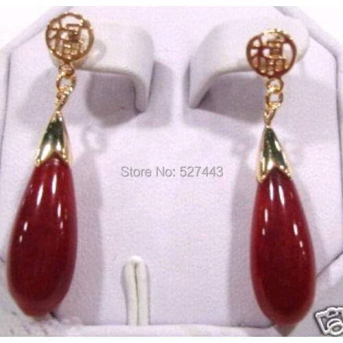 Wholesale free shipping >>NATURAL LUCKY RED stone DROP EARRINGS 14kGP DF0366