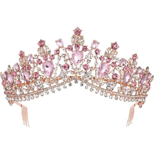 Baroque Rose Gold Pink Crystal Bridal Tiara Crown With Comb Pageant Prom Rhinestone Veil Tiara Headband Wedding Hair Accessories