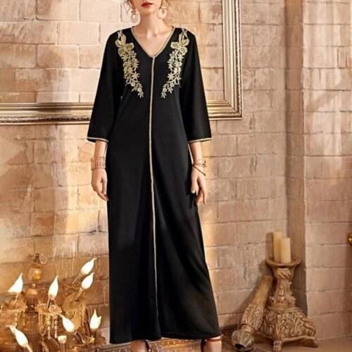 Vintage Elegant Maxi Party Dress Women Elegant Black Golden Embroidery Pair Flower Dress V-neck Long Sleeve Evening Party Dress