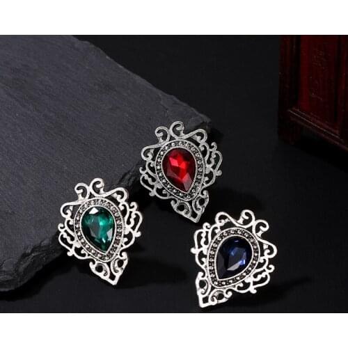 Vintage Clear Rhinestone Exquisite Red Green Blue Drop-Shaped Faceted Silver Plated Brooches For Women