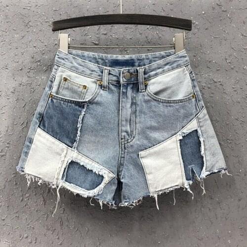 European Style Summer Spring Fashion Women High Waisted Patchwork Blue Denim Beggar Shorts , Woman Casual Jeans Shorts