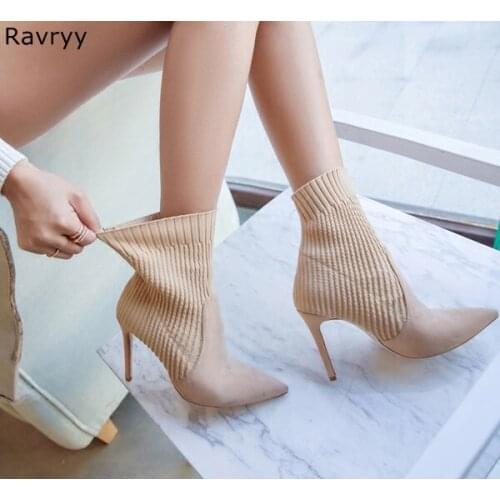 2018 spring fashion breathable knitting nude color woman ankle boots female elastic short boots pointed toe thin heel design