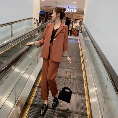 Womens suit new autumn fashion solid color long-sleeved professional wear elastic waist pants suit wild womens two-piece suit
