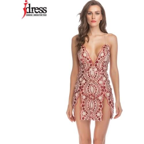 IDress Womens Glam Slim Sequins Bodycon Party Dress Womens Glitter Sexy Backless High Split Short Mini Party Dress Clubwears