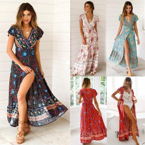 Vintage Floral Maxi Dresses Elegant Beach Sash Sexy V Neck Split Print Tunic Summer Boho Casual Holiday Long Dress Women Vestido