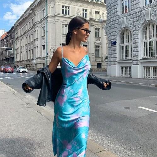 Tie Dye Print Dress Women Prairie Chic Paghetti Straps Backless Chest Draped Lace Up Side Split Sexy Long Beach Dresses 2021 New