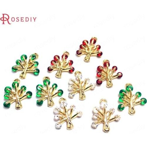 38606)10PCS 11x13MM 24K Champagne Gold Color Brass and Zircon Tree Charms Pendants High Quality Jewelry Making Accessories