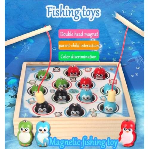 Childrens Montessori 3d Puzzle Magnetic Cartoon Penguin Duck Fishing Game Boys And Girls Stereo Baby Fishing Wooden Toys