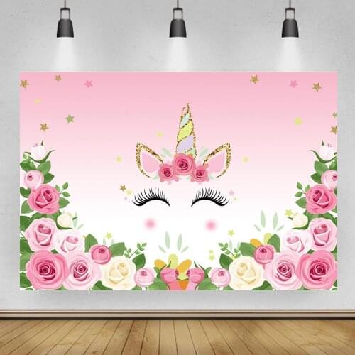 Unicorn Backdrops For Photography Happy Birthday Party Rainbow Flowers Customized Poster Child Baby Photo Background Photostudio
