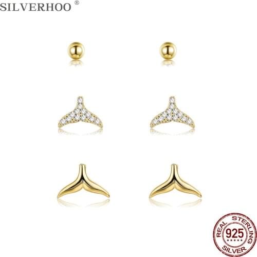 SILVERHOO 925 Sterling Silver Full Clear CZ Fish Tail & Round Tiny Cute Earrings Sets For Women Luxury Gold Stud Earring Jewelry