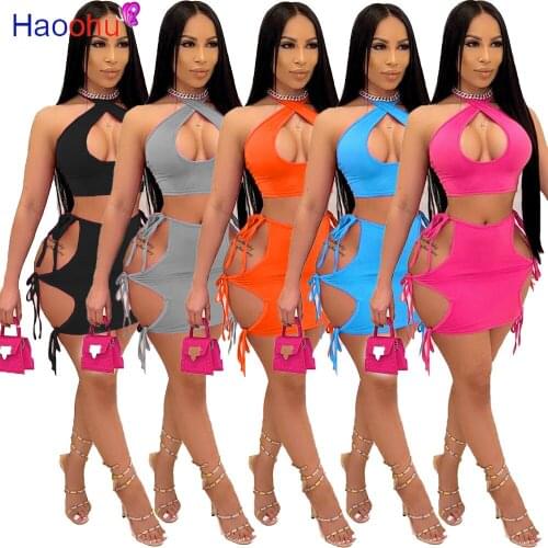 HAOOHU 2021 Halter Bandage Crop Top Elastic Waist Drawstring Skirts Good Quality Off Shoulder Sleeveless Women Two Piece Sets