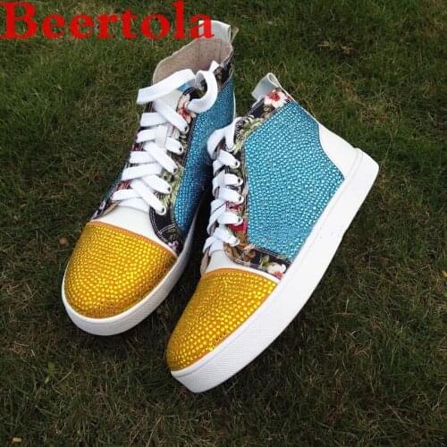 Brand Unisex Sneakers Couple Casual Shoes Yellow Blue Rhinestones Flats Shoes Luxury New High Top Shoes Men Hot Sell Chaussures