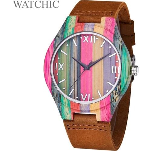 Minimal Bamboo LGBTQ Rainbow Watch men Leather Strap Quartz Wood Watches Wooden Wristwatch Relogios hombres