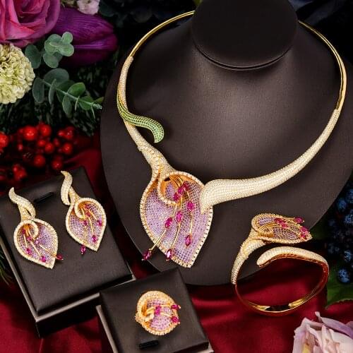 Missvikki Bohemia Italy Indian Luxury 4PCS Lily Necklace Bangle Earrings Ring Jewelry Set for Women Bridal Wedding Party Jewelry