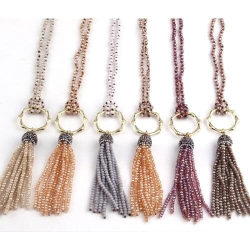 Fashion Bohemian Tribal Jewelry 4mm Mini Glass Knotted Crystal Tassel Necklaces For Women Ethnic Necklace