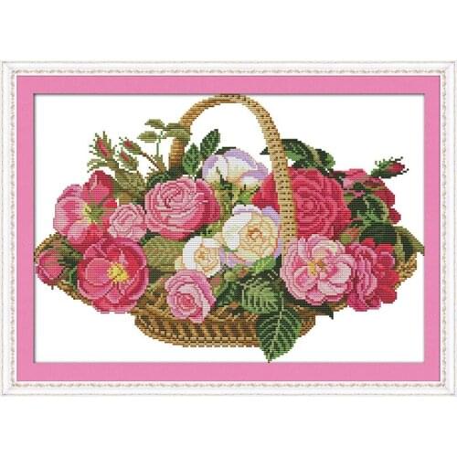 Joy Sunday DIY Cross Stitch Kit A basket of rose pattern Printed Chinese embroidery needlework for hanging in a study or bedroom