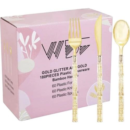 30-Piece Disposable Party Tableware Set Golden Plastic Sparkling Silverware Including 10 Forks 10 Spoons and 10 Knives