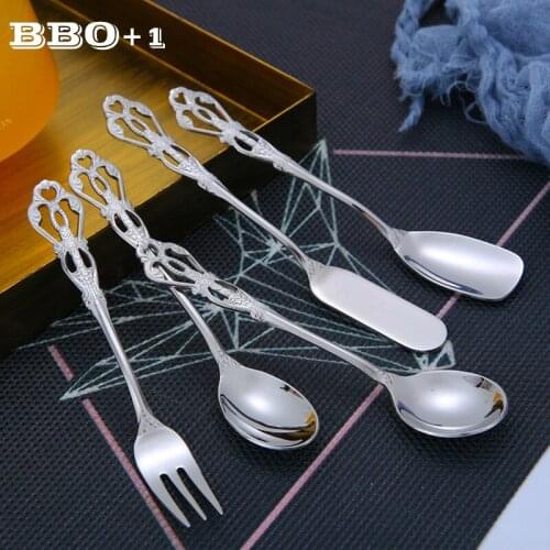 5PCS Dinner Spoon Teaspoon Fork Cutlery Set Gold Silver Butter Cake Spatula Fruit Salad Forks Western Dinnerware Tableware Sets