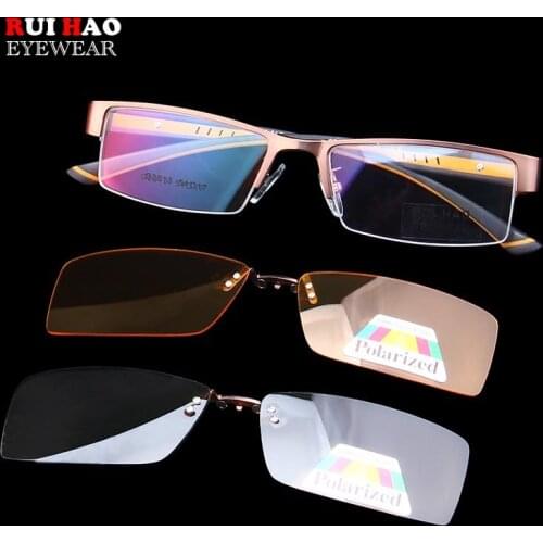Rectangle Eyeglasses Frames With 2PCS Clip on Sunglasses Half Rimless Optical Glasses Frame Yellow Night Vision Glasses Clip