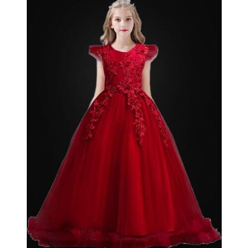 4-14Y Teen Girls Wedding Party Dress for Girls Lace princess Long Dress Pageant Gown Girls Dress Ball Beauty Sexy Shoulder Dress