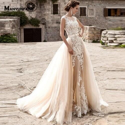 Luxury O-Neck Cap Sleeve Embroidery Appliques Tulle Mermaid Wedding Dress Custom Made Detachable Train Button 2 IN 1 Bridal Gown