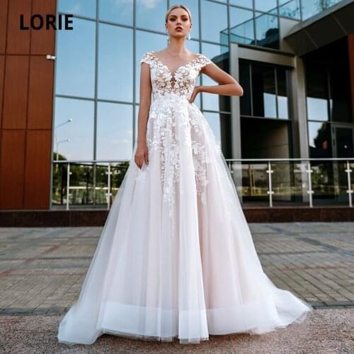 LORIE Elegant Wedding Dresses 2021 O-Neck Appliques Lace Champagne Cap Sleeves Tulle Wedding Gown Bride Dress vestidos de novia