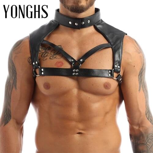 Harness Mens Erotic Lingerie Leather Adjustable Body Chest Harness Bondage Costume with Choker Neck Press Buttons With O-rings
