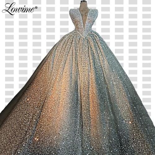 Puffy Prom Dresses Silver Glitter V Neck Turkish Pageant Party Gowns 2020 Dubai Arabic Evening Dress Robe De Soiree Custom Made