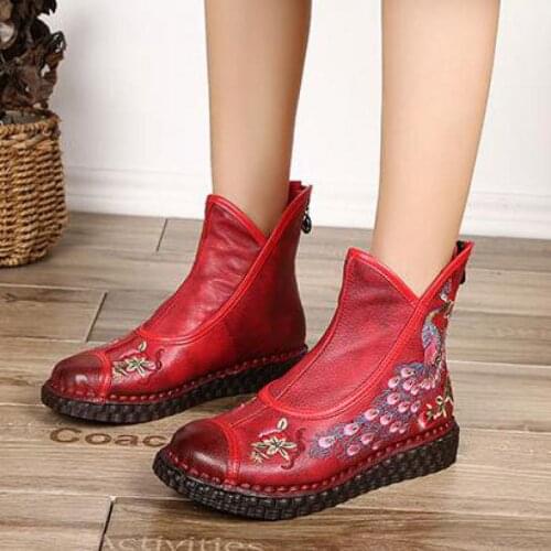 Woman Red Genuine Leather Shoes Women Boots 2021 New Winter Zip Embroidery National Style Handmade Retro Leisure Platform Boots