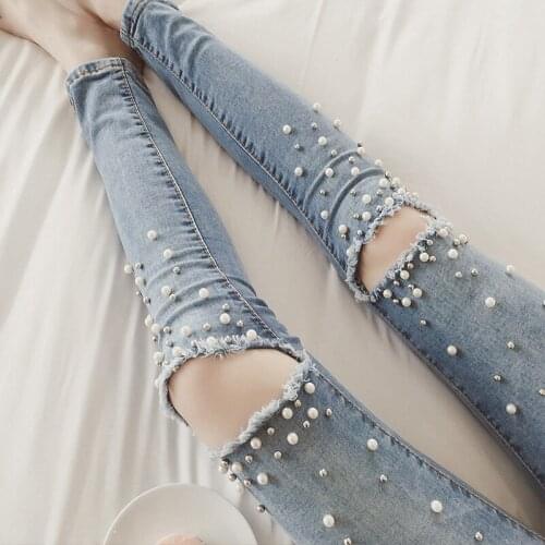 Women Slim Stretch Denim Jean Bodycon Beaded Hole pearl Slim Jeans Pants Bandage Skinny Push Up Jeans Woman