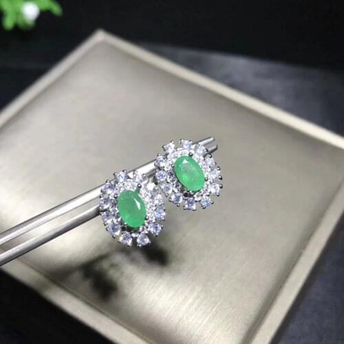 Natural green emerald gem stud earrings Natural gemstone earrings Elegant round Sun flower S925 silver girl women gift jewelry