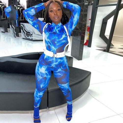 Streetwear Print Long Sleeve Rompers Womens Jumpsuit Front Zipper Sheath One Piece Outfits Bodycon Bodysuits Club Overalls Femme