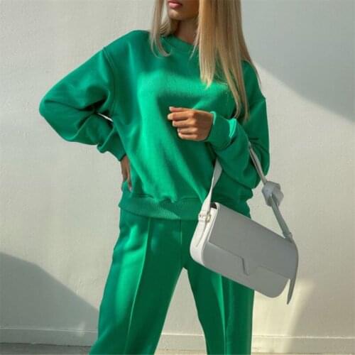 Women Green Sports Suit Long Sleeve Round Neck Loose Sweatshirt Tops Elastic Wide Leg Pants Two-piece Fashion Pink Sports Suit